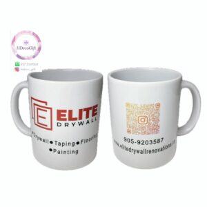 White mug with 'Elite Drywall' branding on one side and contact details with a QR code on the other.