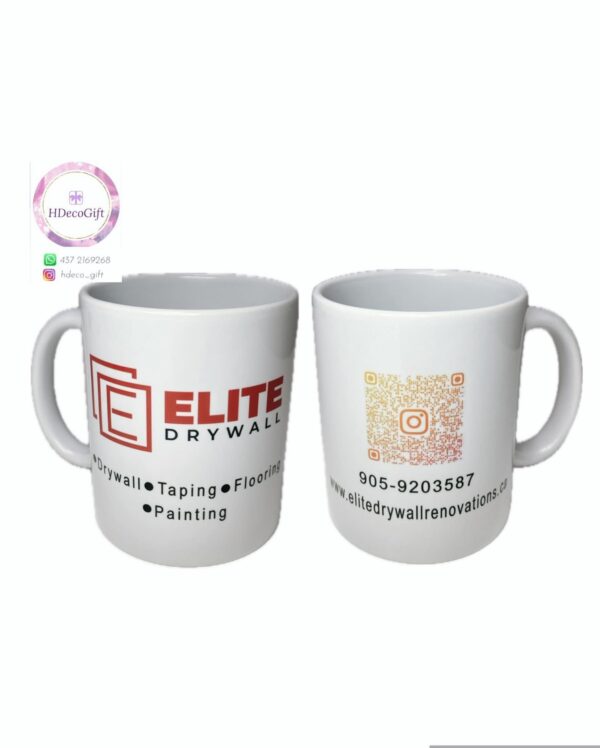 White mug with 'Elite Drywall' branding on one side and contact details with a QR code on the other.