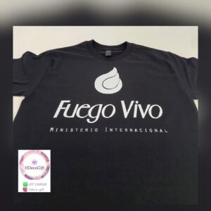 Black T-shirt with the logo 'Fuego Vivo,' showing the text 'Ministerio Internacional.