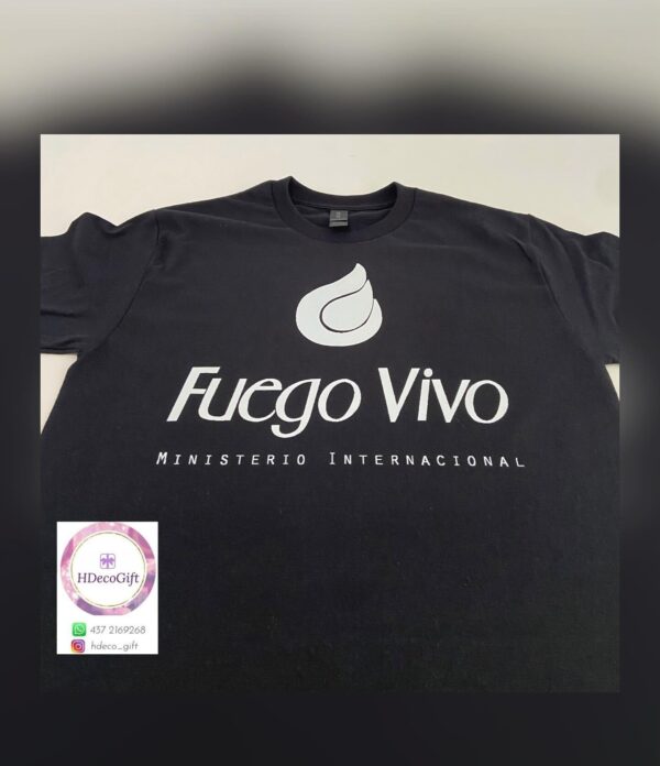 Black T-shirt with the logo 'Fuego Vivo,' showing the text 'Ministerio Internacional.