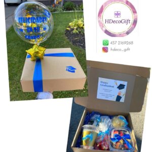 Graduation gift box with a congratulatory balloon and assorted celebratory items