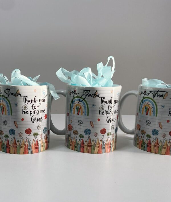 Custom mug for teacher with colorful design and 'Thank you for helping me grow' message