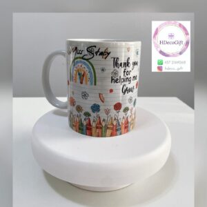 Custom mug for teacher with colorful design and 'Thank you for helping me grow' message