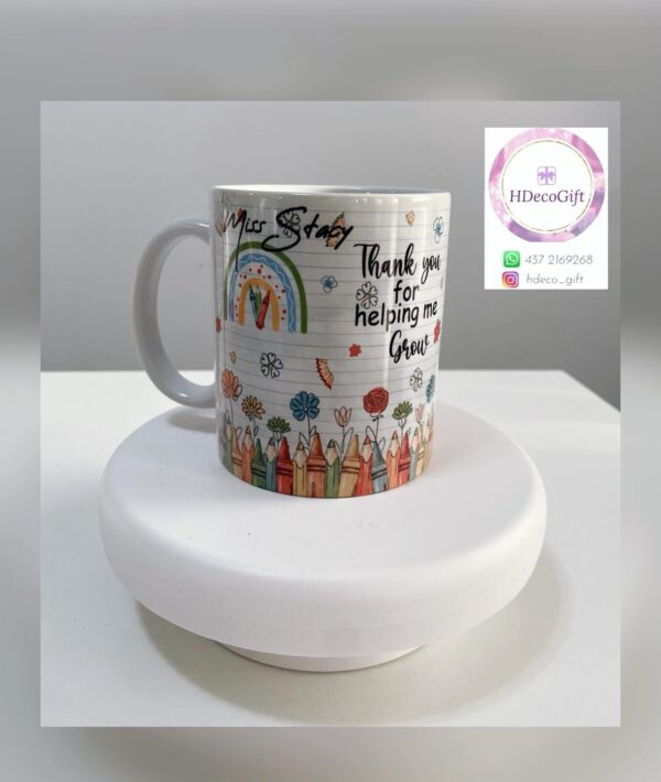 Custom mug for teacher with colorful design and 'Thank you for helping me grow' message